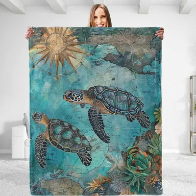Explorer's Turtle Map Blanket: Vintage Nautical Art with Sea Turtles