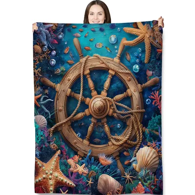 Ship Wheel Under Blanket: Nautical Wood Design with Coral Reef