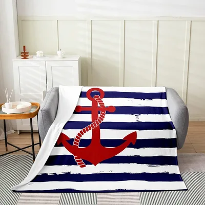 Nautical Anchor on Stripes Blanket: Bold Red Anchor Design