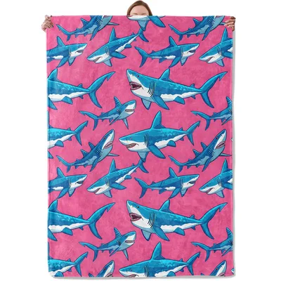 Blue Shark Pattern Blanket: Pink Background Marine Life Design