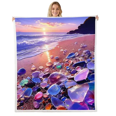 Ocean Beach Colored Stones Blanket: A Sunset Shore with Sea Glass