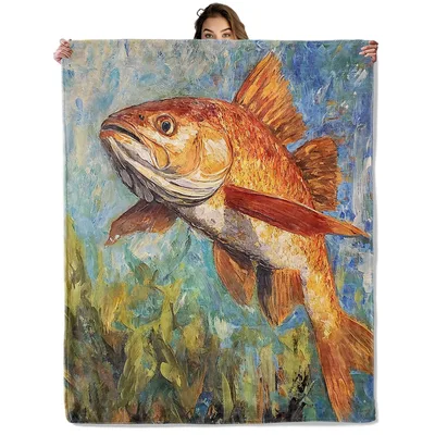Golden Fish Underwater Painting Blanket: Artistic Ocean Scene Throw