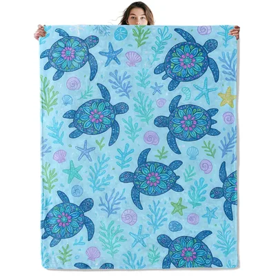 Sea Turtles Ocean Pattern Blanket featuring mandala-shell turtles
