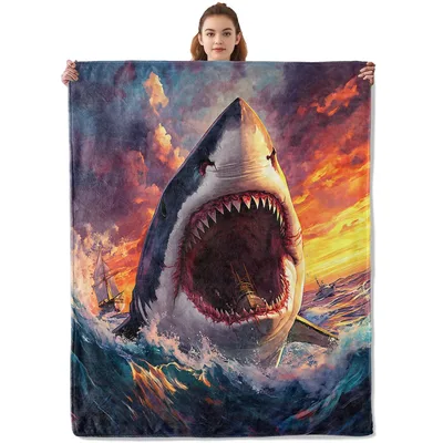 Ferocious Shark Ocean Sunset Blanket: A Giant Predator at Dusk