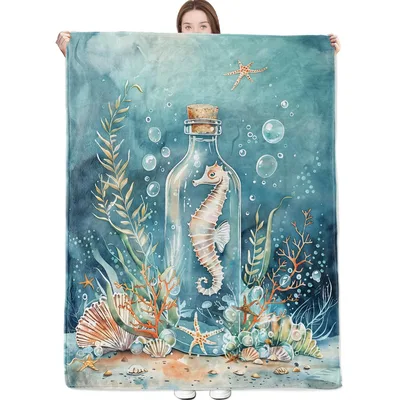 Seahorse in Bottle Underwater Blanket: Whimsical Ocean Life Design