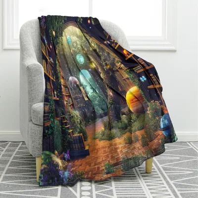 Fantasy Library Blanket: Bookshelves and Planets for Readers