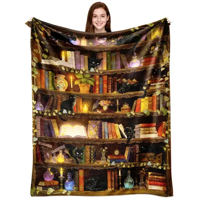 Bookshelf Black Cats Blanket for Book Lovers and Cat Enthusiasts