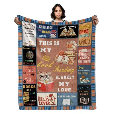 Book Lover Reading Cat Blanket featuring a collage of literary quotes