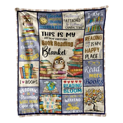 Owl Reading Books Blanket featuring a collage of literary quotes