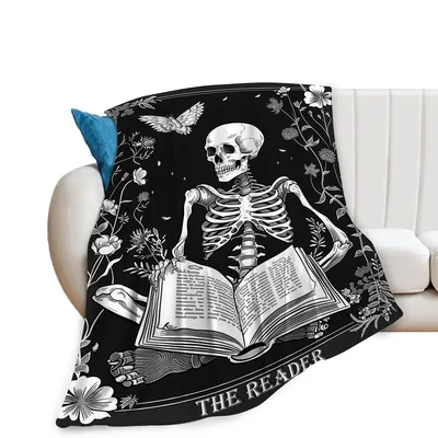 The Reader Skeleton Reading Blanket: Gothic Book Lover Design