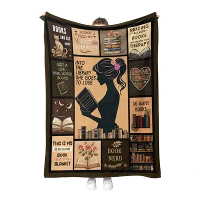 Book Lover Reading Silhouette Blanket: Library Quotes and Cat Art