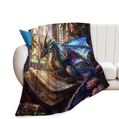 Dragon Fantasy Book Blanket: Iridescent Dragon on Ancient Text