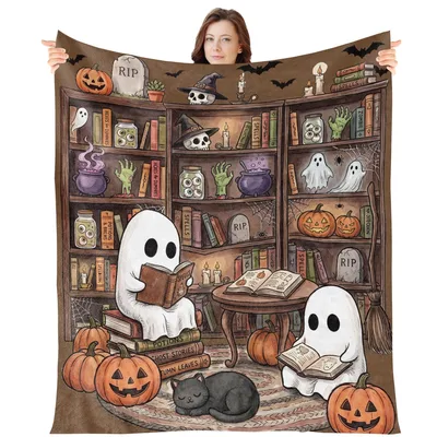 Ghost Reading Books Halloween Blanket for Spooky Library Lovers