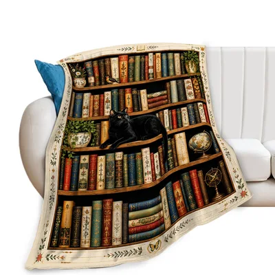 Black Cat Bookshelf Blanket: Vintage Library Design for Readers