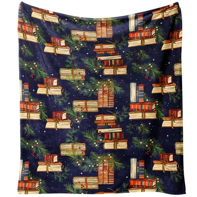 Christmas Book Blanket: Vintage Stacked Books and Pine Pattern