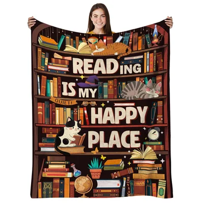 Book Lover Bookshelf Cats Blanket for Quiet Reading Nooks