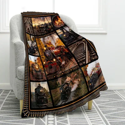 Steam Train Blanket: Vintage Locomotive Collage for Rail Enthusiasts