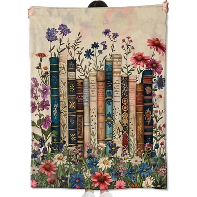 Vintage Books Among Wildflowers Blanket: A retro floral