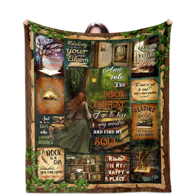 Girl Lost Blanket: Book Forest Collage for Readers and Bookworms