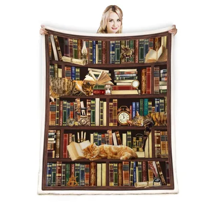 Cat Bookshelf Reading Blanket: A Cozy Library Scene with Sleeping Cats