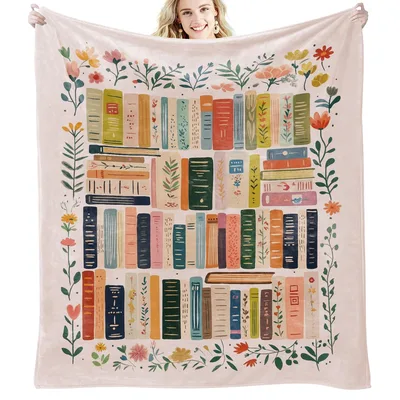 Books Bookshelf Floral Reading Blanket for Cozy Library Lovers