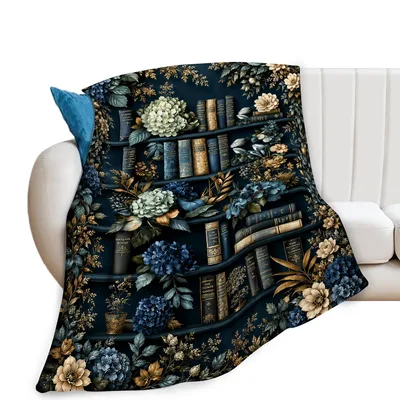 Bookshelf Floral Books Blanket featuring vintage blue hydrangeas