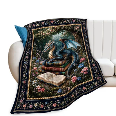 Dragon Reading Among Books Blanket featuring a blue dragon resting