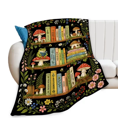 Mushroom Book Shelf Frog Blanket: A Reader's Forest Library Design