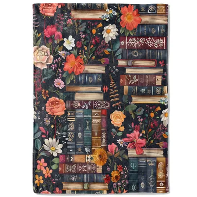 Vintage Books and Flowers Blanket: A Retro Floral Library Throw