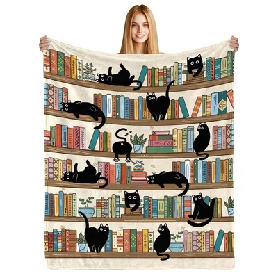 Black Cats Bookshelf Books Blanket for Readers and Cat Lovers