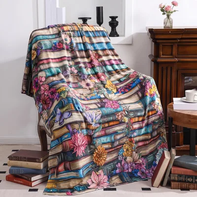Floral Bookshelf Stacked Books Blanket for Literary Lovers