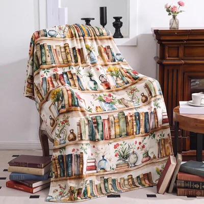 Retro Bookshelf with Vases Blanket: Vintage Books and Floral Decor