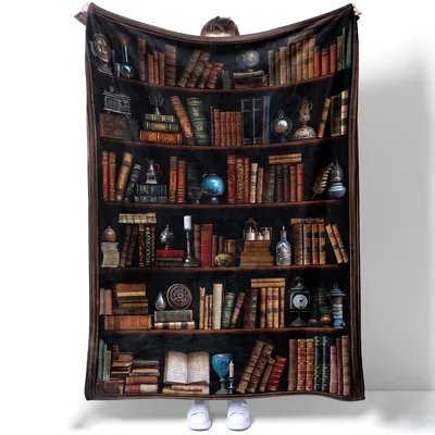 Midnight Bookshelf Curio Cabinet Blanket featuring antique books