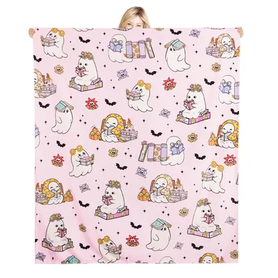 Cute Ghost Reading Books Blanket: Spooky Bookworm Design