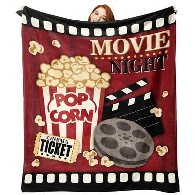 Red Cinema Reel Blanket: Movie Night Popcorn Design for Film Lovers