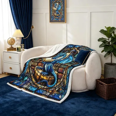 Blue Dragon Reading Blanket: Stained Glass Dragon with Open Book