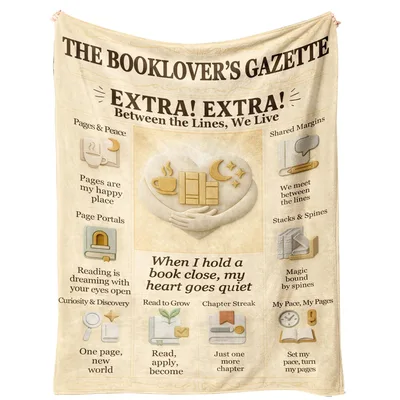 The Booklover's Gazette Newspaper Blanket features vintage