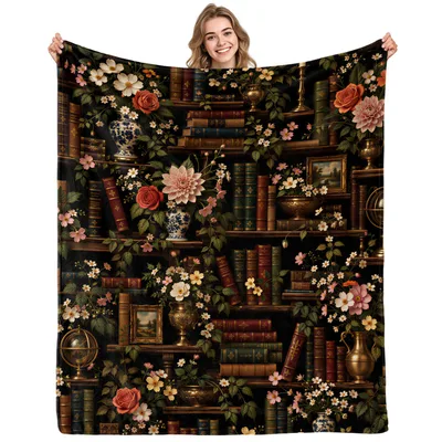 Vintage Bookshelf Floral Print Blanket for Bookish Readers