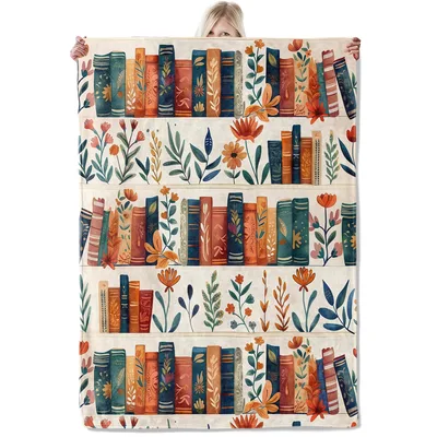 Bookshelf with Watercolor Flowers Blanket for Book Lovers