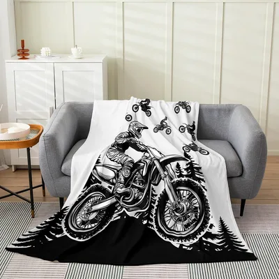 Black and White Dirt Blanket Features a Motocross Rider Design