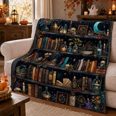Gothic Bookshelf Witchy Blanket: Dark Academia Reading Nook Cover