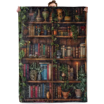 Vintage Bookshelf Books Plants Blanket for Cozy Reading Nooks