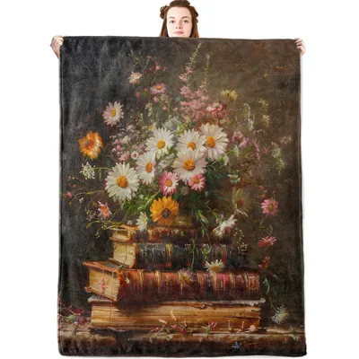 Vintage Books Floral Painting Blanket