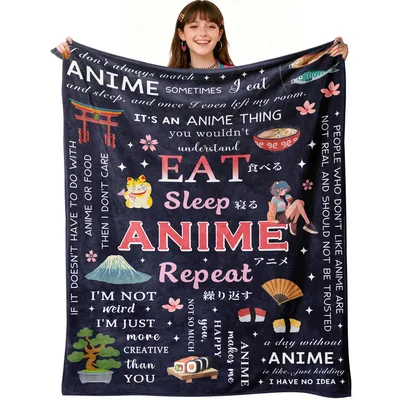 Midnight Anime Kawaii Sushi Blanket featuring Eat Sleep Repeat text