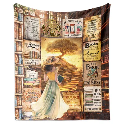 Book Lover Reading Woman Blanket: Literary Collage Design