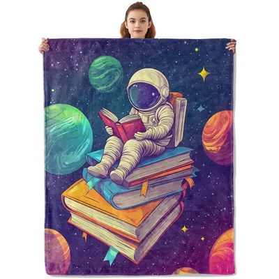 Astronaut Reading Books Blanket: Space-Themed Book Lover Design