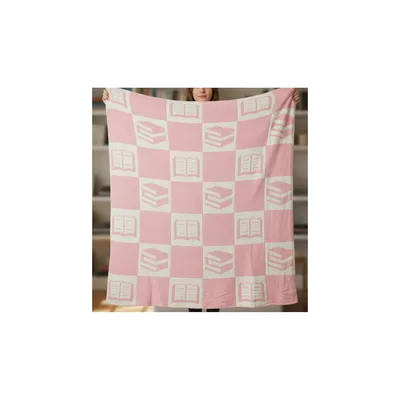 Book Pattern Checkered Blanket featuring a pink