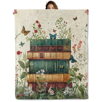 Vintage Book Stack with Wildflowers Blanket for Literary Lovers