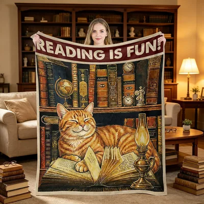 Ginger Cat Reading Books Blanket: A Retro Library Scene