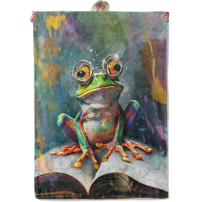 Bookish Frog with Glasses Blanket: Colorful Amphibian Reader Art